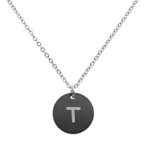 Engraved Metal Initial Letter Disc Pendant Chain Necklace 18.5 in + 2.5 in - T - Black Two Tone