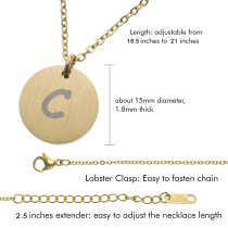 Engraved Metal Initial Letter Disc Pendant Chain Necklace 18.5 in + 2.5 in - T - Black Two Tone