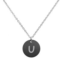 Engraved Metal Initial Letter Disc Pendant Chain Necklace 18.5 in + 2.5 in - U - Black Two Tone