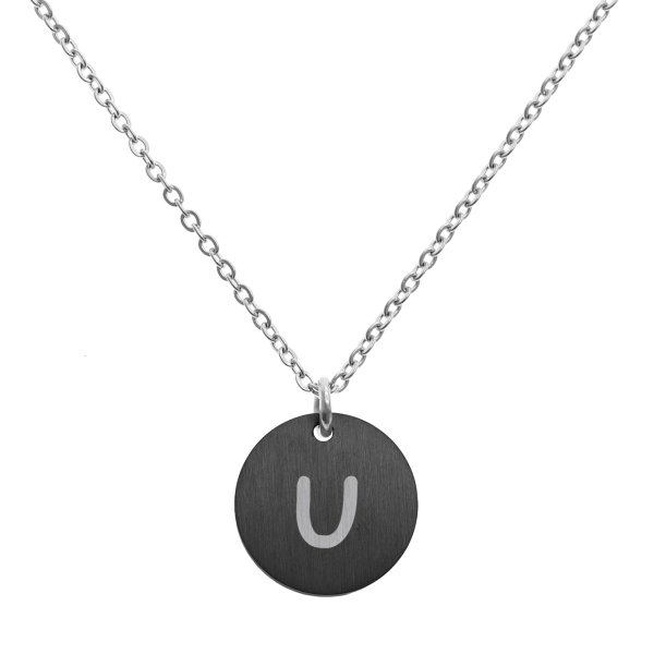 Engraved Metal Initial Letter Disc Pendant Chain Necklace 18.5 in + 2.5 in - U - Black Two Tone