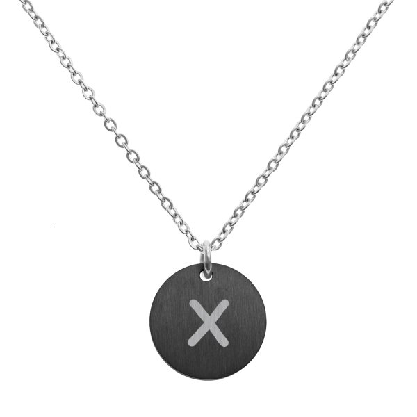 Engraved Metal Initial Letter Disc Pendant Chain Necklace 18.5 in + 2.5 in - X - Black Two Tone