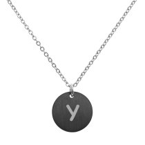 Engraved Metal Initial Letter Disc Pendant Chain Necklace 18.5 in + 2.5 in - Y - Black Two Tone