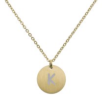 Engraved Metal Initial Letter Disc Pendant Chain Necklace 18.5 in + 2.5 in - K - Gold Tone
