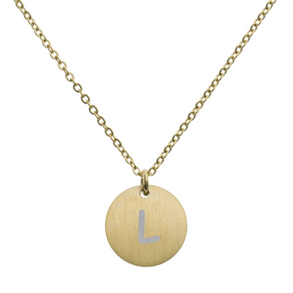 Engraved Metal Initial Letter Disc Pendant Chain Necklace 18.5 in + 2.5 in - L - Gold Tone