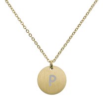 Engraved Metal Initial Letter Disc Pendant Chain Necklace 18.5 in + 2.5 in - P - Gold Tone
