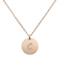 Engraved Metal Initial Letter Disc Pendant Chain Necklace 18.5 in + 2.5 in - C - Rose Gold Tone