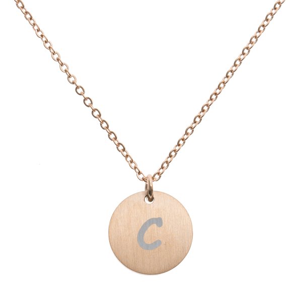 Engraved Metal Initial Letter Disc Pendant Chain Necklace 18.5 in + 2.5 in - C - Rose Gold Tone