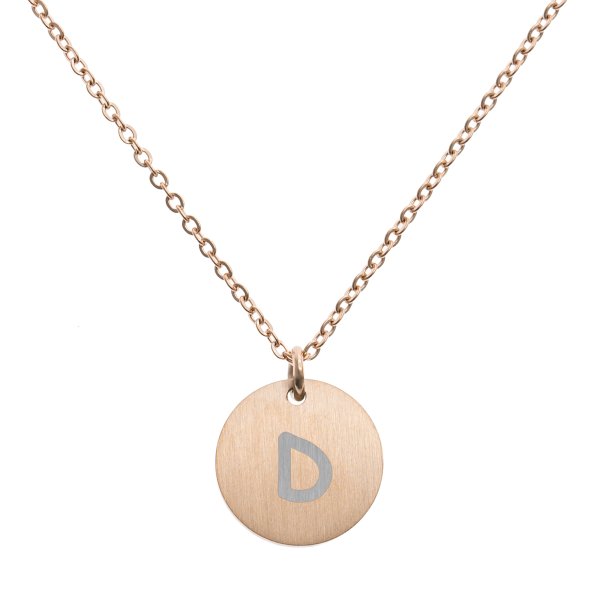 Engraved Metal Initial Letter Disc Pendant Chain Necklace 18.5 in + 2.5 in - D - Rose Gold Tone