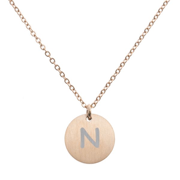 Engraved Metal Initial Letter Disc Pendant Chain Necklace 18.5 in + 2.5 in - N - Rose Gold Tone