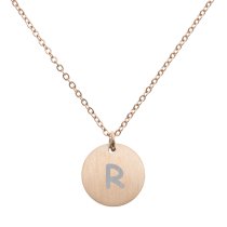 Engraved Metal Initial Letter Disc Pendant Chain Necklace 18.5 in + 2.5 in - R - Rose Gold Tone
