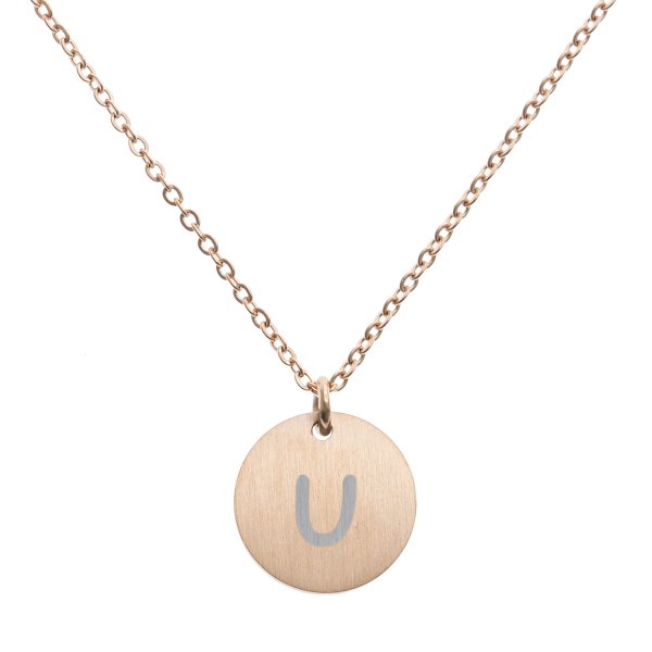 Engraved Metal Initial Letter Disc Pendant Chain Necklace 18.5 in + 2.5 in - U - Rose Gold Tone