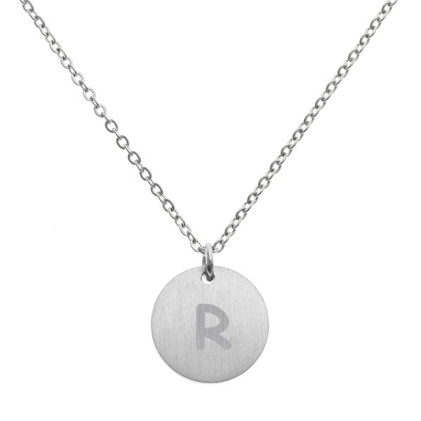 Engraved Metal Initial Letter Disc Pendant Chain Necklace 18.5 in + 2.5 in - R