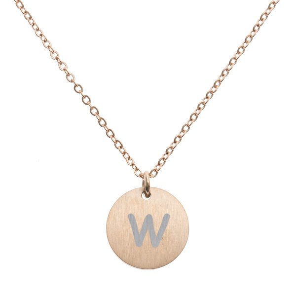 Engraved Metal Initial Letter Disc Pendant Chain Necklace 18.5 in + 2.5 in - W - Rose Gold Tone