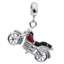 Rhodium on Sterling Silver Motorbike Red Enamel Dangle Pendant Bead for European Charm Bracelet