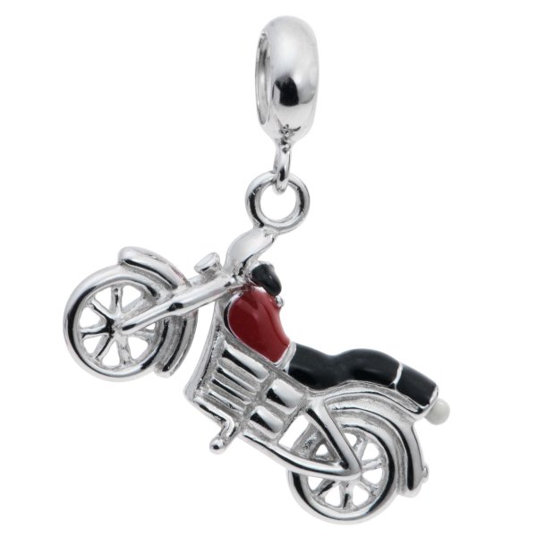 Rhodium on Sterling Silver Motorbike Red Enamel Dangle Pendant Bead for European Charm Bracelet