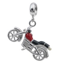 Rhodium on Sterling Silver Motorbike Red Enamel Dangle Pendant Bead for European Charm Bracelet
