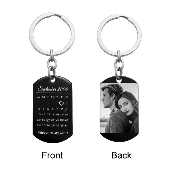 Custom Engraved Personalized Calendar Date & Picture Memorial Stainless Steel Dog Tag Keychain