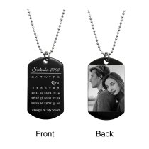 Custom Engraved Personalized Calendar Date & Photo Stainless Steel Dog Tag Pendant with Ball Chain Necklace 24 in