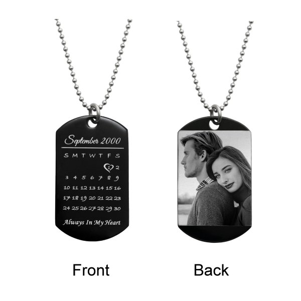Custom Engraved Personalized Calendar Date & Photo Stainless Steel Dog Tag Pendant with Ball Chain Necklace 24 in