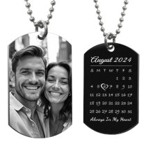Custom Engraved Personalized Calendar Date & Photo Stainless Steel Dog Tag Pendant with Ball Chain Necklace 24 in
