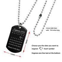 Custom Engraved Personalized Calendar Date & Text Stainless Steel Dog Tag Pendant with Ball Chain Necklace 24 in