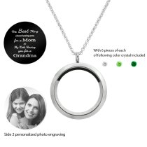 Best Mom Mother Stainless Steel Laser Engraved Personalized Photo & Text Message Floating Locket Crystals Necklace Pendant Green