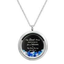 Best Mom Mother Stainless Steel Laser Engraved Text Message Floating Locket Crystals Necklace Pendant Blue