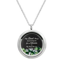 Best Mom Mother Stainless Steel Laser Engraved Text Message Floating Locket Crystals Necklace Pendant Green