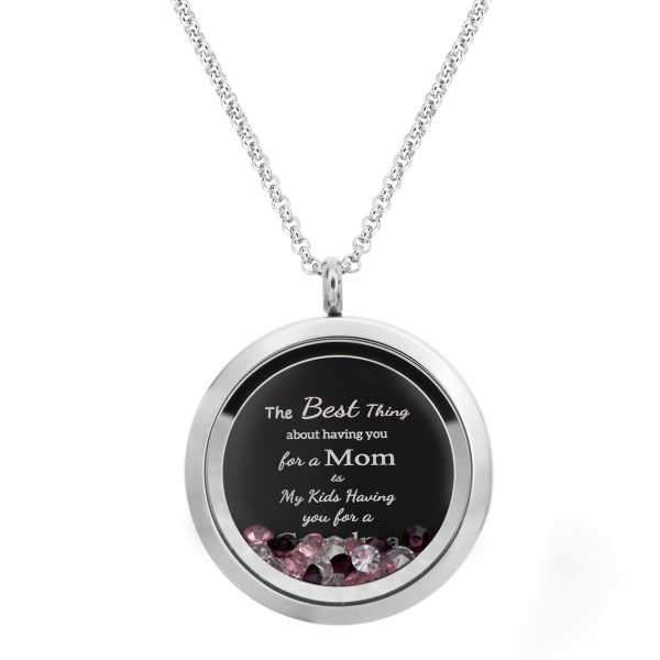 Best Mom Mother Stainless Steel Laser Engraved Text Message Floating Locket Crystals Necklace Pendant Purple