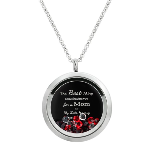 Best Mom Mother Stainless Steel Laser Engraved Text Message Floating Locket Crystals Necklace Pendant Red