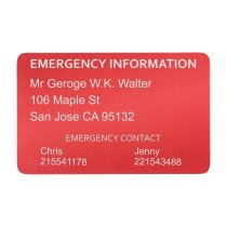 Aluminum Personalized Engraved Emergency Contac ICE Medical Id Wallet Card Red