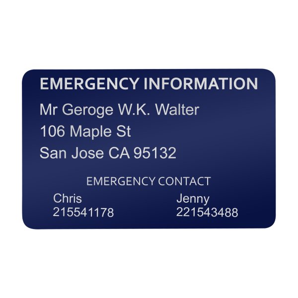 Aluminum Personalized Engraved Emergency Contac ICE Medical Id Wallet Card Navy