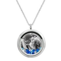 Queenberry to My Wife My Soulmate My Best Friend Floating Laser Engraved Personalized Photo & Text Message Floating Locket Blue Crystals Necklace Pendant Handmade Love Note Anniversary Wedding Birthday Gift