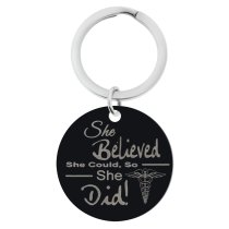 She Believed She Could Engraved Text Circle Round Dog Tag Pendant Keychain Son Daughter Dad Mom Blessing Family Teacher's Day Gift for Him / Her