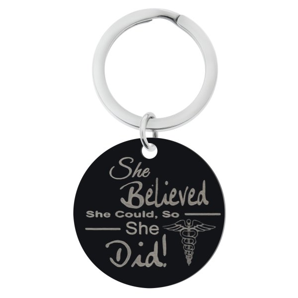 She Believed She Could Engraved Text Circle Round Dog Tag Pendant Keychain Son Daughter Dad Mom Blessing Family Teacher's Day Gift for Him / Her