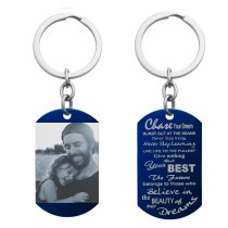 Blue Personalized Photo + Chase Your Best Dream Dog Tag Keychain Keepsake Gift