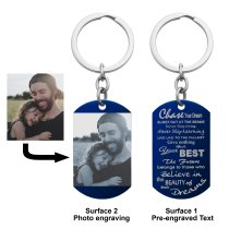 Blue Personalized Photo + Chase Your Best Dream Dog Tag Keychain Keepsake Gift