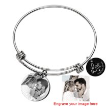 Qina C. Love You to the Moon and Back Personalized Photo Engrave Dangle Charm Adjustable Wire Bangle Bracelet Inspirational Gift