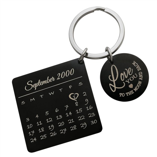 Custom Engraved Personalized Calendar Date with Love U to the Moon & Back Stainless Steel Dog Tag Keychain
