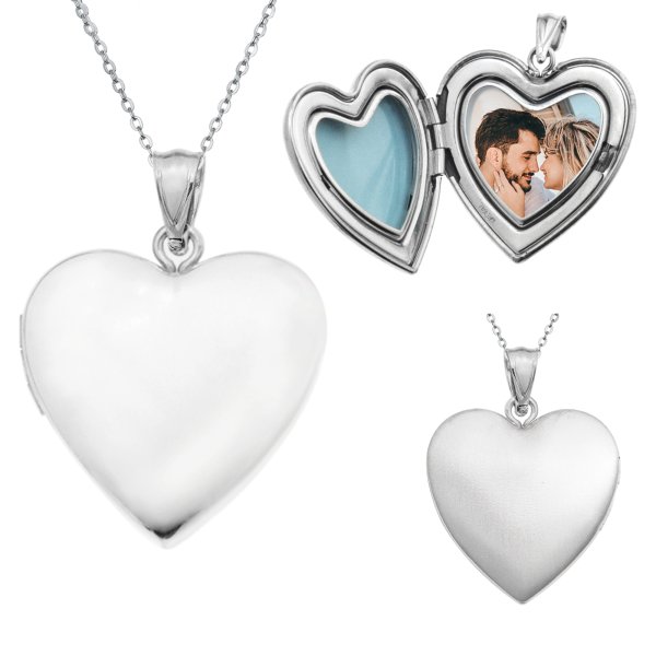 Qina C Sterling Silver 24mm Love Heart Locket Holds Picture Pendant Necklace, Personalized Photo
