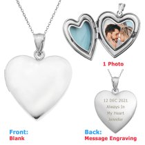 Qina C Sterling Silver 24mm Love Heart Locket Holds Picture Pendant Necklace, Custom Photo + Text