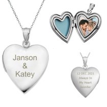 Qina C Sterling Silver Love Heart Locket Holds Picture Pendant Necklace, Custom Photo + Text