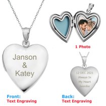 Qina C Sterling Silver Love Heart Locket Holds Picture Pendant Necklace, Custom Photo + Text