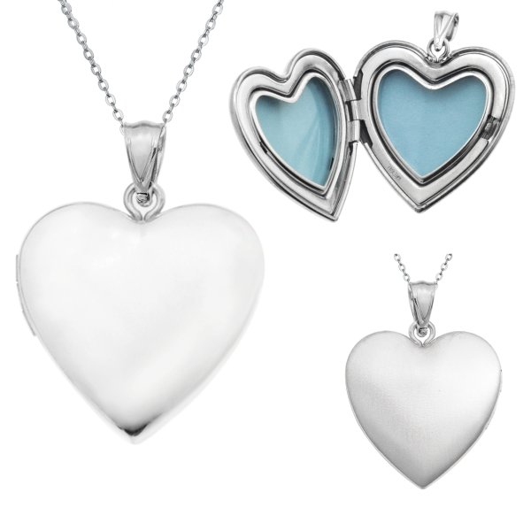 Qina C Sterling Silver 24mm Love Heart Photo Locket Holds Picture Pendant Necklace