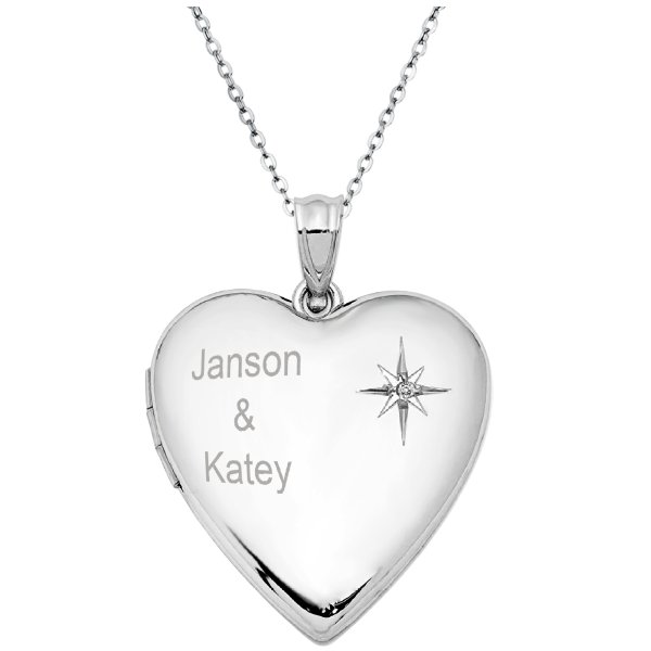 Sterling Silver Diamond 20mm Love Heart Photo Locket Holds Picture Pendant Necklace, Custom Text