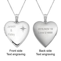 Qina C Sterling Silver Diamond 24mm Love Heart Photo Locket Holds Picture Pendant Necklace, Custom Photo + Text