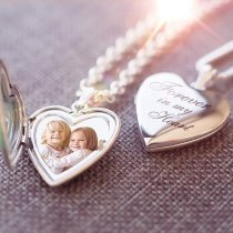 Qina C Sterling Silver Diamond 24mm Love Heart Photo Locket Holds Picture Pendant Necklace, Custom Photo + Text