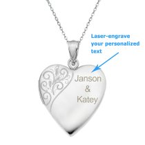 Sterling Silver 20mm Swirl Flower Love Heart Photo Locket Holds Picture Pendant Necklace, Custom Text