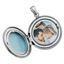 Qina C Sterling Silver 20mm Diamond Round Photo Locket Holds Picture Pendant Necklace, Personalized Photo