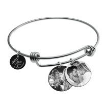 Qina C. Love You to the Moon and Back Personalized Photo or Text Engraving Dangle Charm Adjustable Wire Bangle Bracelet Inspirational Gift